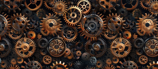 A seamless pattern of gears, cogs, and mechanical parts in a steampunk-inspired design with a modern twist