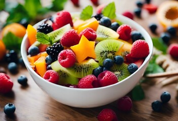 Wall Mural - AI generated illustration of a bowl of fruit salad with raspberries and pineapple chunks