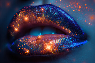 Poster - Lips with a galaxy design, featuring stars and nebulae,