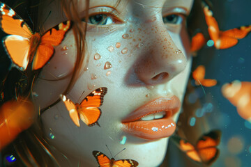 Aufkleber - Lips surrounded by butterflies, giving a whimsical look,