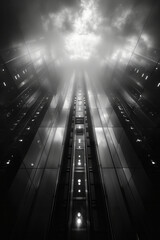 Poster - A transparent elevator ascending through the center of a modern skyscraper,
