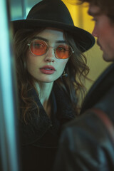 Poster - A fashion designer complimenting a passerby on their outfit in an elevator,