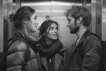 Poster - A family discussing their vacation plans with a friendly stranger in an elevator,