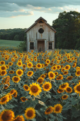 Poster - An elevator appearing in the middle of a sunflower field, with golden blooms all around,