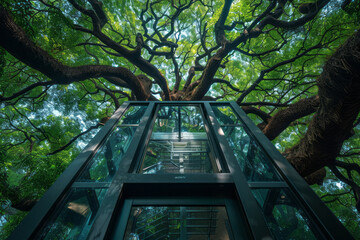 Poster - A transparent elevator rising through the branches of a giant ancient tree,