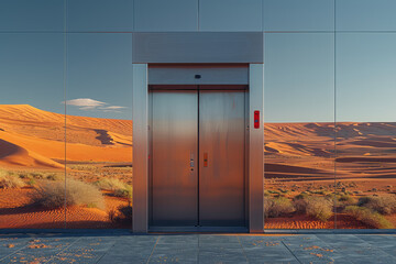 Poster - An elevator in the heart of a vast, sandy desert with dunes in the background,