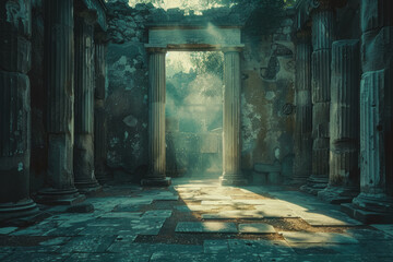 Fototapete - An elevator opening into an ancient Greek agora, with philosophers and merchants,