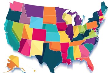 Sticker - A colorful map of the United States with each state colored different