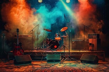 Leinwandbilder - Vibrant stage set up with guitars and drums, ready for an electrifying concert performance. Generative AI