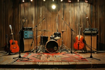 Leinwandbilder - A vibrant scene featuring a group of guitars and drums standing on a stage, ready to deliver an electrifying performance. Generative AI