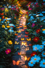 Wall Mural - A pedestrian crossing with butterfly silhouettes in a whimsical garden, surrounded by vibrant flowers,