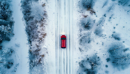car moves along a snowy forest road