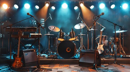 Aufkleber - A group of diverse musical instruments peacefully resting on a stage, ready for the next mesmerizing performance to begin. Generative AI