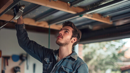 a mechanic is repairing the garage door opener in the garage.