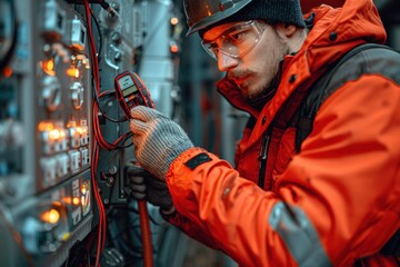 Electrician in orange jacket checking machine continuity