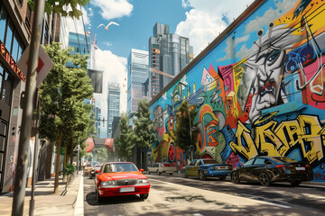 Naklejka na meble urban landscape where 2D graffiti art comes to life and interacts with 3D elements like cars and buildings.