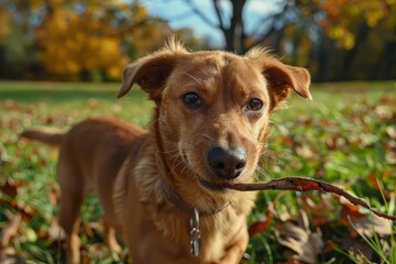 Wall Mural - Adorable brown dog plays with a stick amidst colorful fall foliage