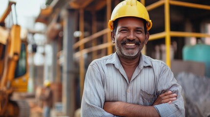 Middle-Aged Indian Construction Worker Smiling on Site, Wearing a Yellow Hard Hat, Showing Confidence and Professionalism