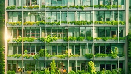 Sticker - A very tall office building with numerous windows, reaching into the sky, A high-rise office building with a series of terraces and green roofs for employees to enjoy