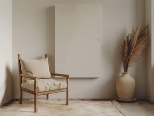 Wall Mural - A white chair sits in front of a white wall with a large white picture hanging on it. The chair is empty and the room is sparsely decorated. Scene is calm and peaceful, with the chair