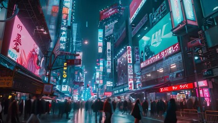 Wall Mural - A city street bustling with activity and adorned with vibrant neon lights that illuminate the urban landscape, A high-tech, sci-fi metropolis filled with neon lights and holographic billboards