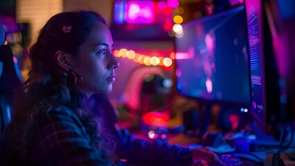 Wall Mural - A Latina woman sits in front of a computer monitor, working late into the night, A Latina woman working late into the night in a dimly lit room filled with monitors and computers