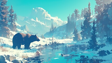 Wall Mural - A majestic grizzly bear strolls through a picturesque pine forest dusted with snow in this stunning North inspired 2d illustration of wildlife