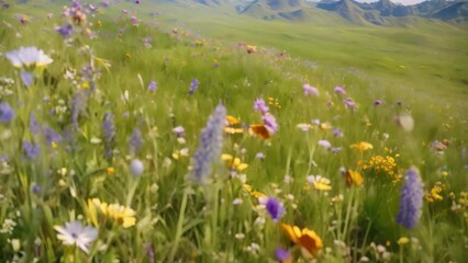 Poster - Wildflowers of different colors blooming in a lush green meadow, A lush green meadow with colorful wildflowers blooming