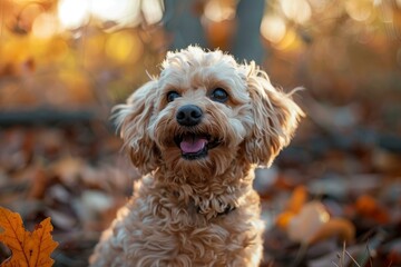 Wall Mural - Happy poodle mix poses amidst the colorful fall foliage at sunset