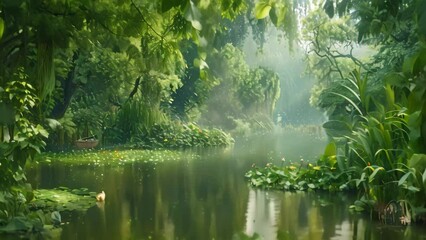 Canvas Print - A painting depicting a river flowing through a lush green landscape, A lush, green riverbank teeming with wildlife and vegetation