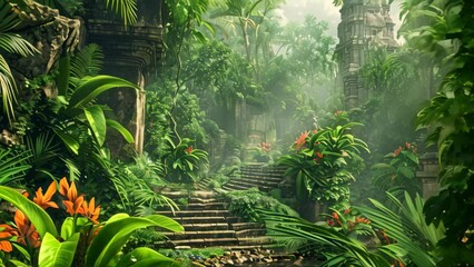 Wall Mural - Dense jungle with stairs weaving through tall trees, A lush jungle with diverse wildlife and hidden ruins