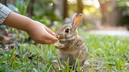 A person squatting down in the grass, feeding a small rabbit with their hand