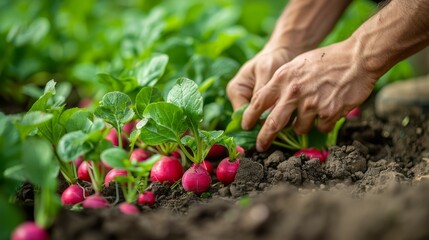 Wall Mural - A person in a garden picking fresh radishes from the soil