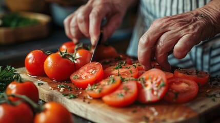 Wall Mural - A person slicing fresh tomatoes on a wooden cutting board