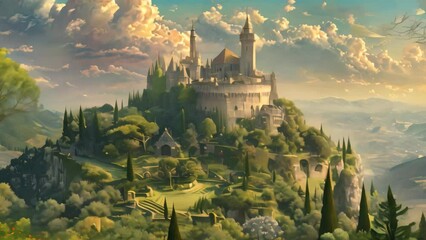 Poster - A painting of a castle standing tall on a hill, overlooking its surroundings, A majestic castle perched on a hilltop, surrounded by lush gardens