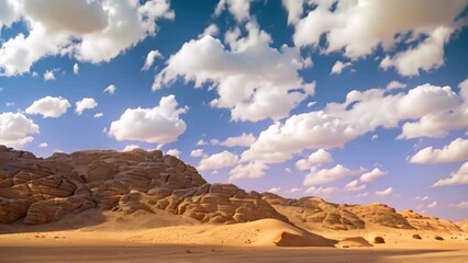 Poster - The video depicts a desert landscape with towering sand dunes under a cloudy sky, A majestic desert landscape with towering sand dunes and a clear blue sky