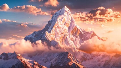 Poster - Majestic mountain peak covered in snow under a sky filled with vibrant colors, A majestic mountain peak dusted with snow standing tall against a colorful winter sunset