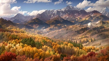 Canvas Print - A vibrant autumn scene showcasing a majestic mountain range with colorful foliage and clear skies, A majestic mountain range ablaze with the vibrant colors of fall