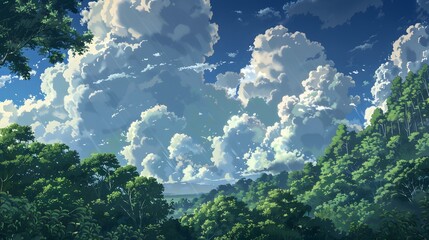 Wall Mural - a green forest, the sky is blue and full of beautiful clouds