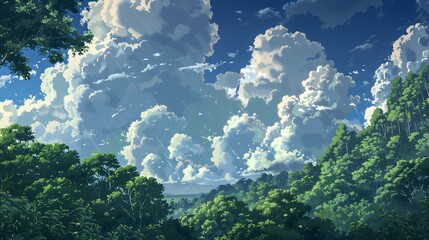 Canvas Print - a green forest, the sky is blue and full of beautiful clouds