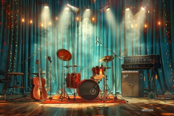 Leinwandbilder - A collection of musical instruments, including guitars, drums, keyboards, and microphones, set up on a stage awaiting the performers to create beautiful music. Generative AI