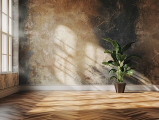 Wall Mural - A large window in a room with a plant in a pot. The room is empty and has a very simple design