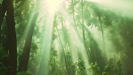 Poster - A forest with numerous green trees covered in mist, A misty forest shrouded in ethereal light