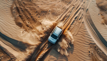 Wall Mural - car moves through deep sand in the desert top view