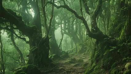 Poster - A misty morning path winds through a dense forest filled with numerous towering trees, A misty morning hike through a mystical forest filled with ancient trees