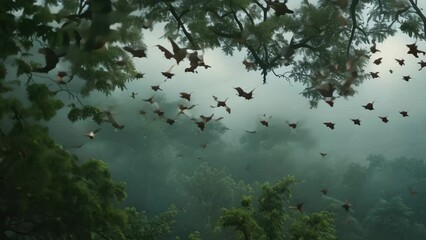 Poster - A dense forest filled with trees covered in fog on a misty morning, A misty morning in a dense fog-covered forest with birds chirping in the distance