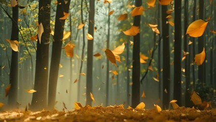 Wall Mural - A misty forest filled with golden leaves flying through the air, A misty morning in the forest with golden leaves falling