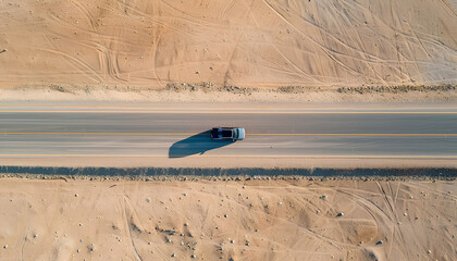 Wall Mural - car moves along an asphalt road in the desert top view