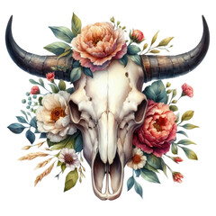 Watercolor bull skull with flowers isolated on white. Tshirt design.