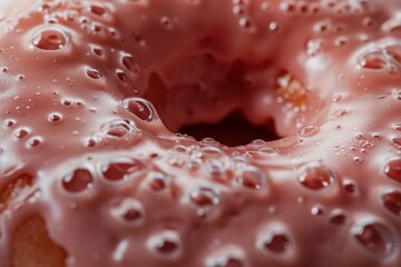 Sticker - Macro photography captures the shiny surface of a pink glazed donut adorned with refreshing water droplets